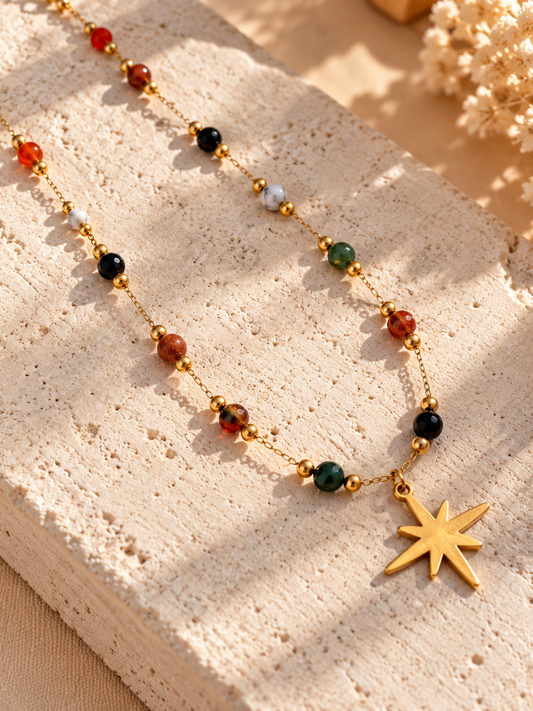 Collier Escale Étoile – Pierres naturelles & acier inoxydable doré