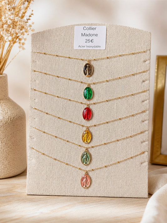 Collier Madone Émaillée – Acier Inoxydable Doré